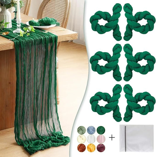 Dark Green Cheesecloth Table Runner 6 Pack 35" Boho Gauze 120 inches Long Runner Rustic Sheer Fabric Bulk for Baby Shower Wedding Bridal Birthday Party Table Decorations