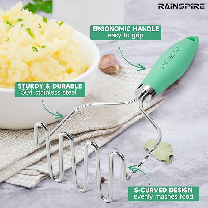 Rainspire Potato Masher Stainless Steel, Mashed Potato Masher Kitchen Tool, Durable Mash Potatoes Masher, Soft Non-slip Handle, Kitchen Utensils, Kitchen Gadgets (Mint Green)