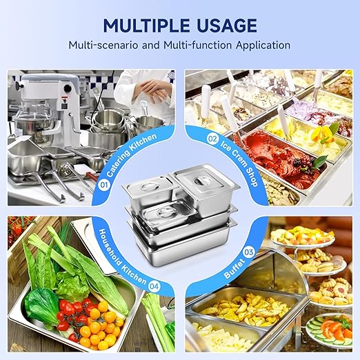 Full Size Hotel Pan With Lids 4 Inch Deep Stainless Steel Chafing Dishes for Buffet, Steam Table Pan, Metal Commercial Food Pans for Food Prep/Catering/Food Serving (6 Pack, Full Size 1/1 x 4" Deep)