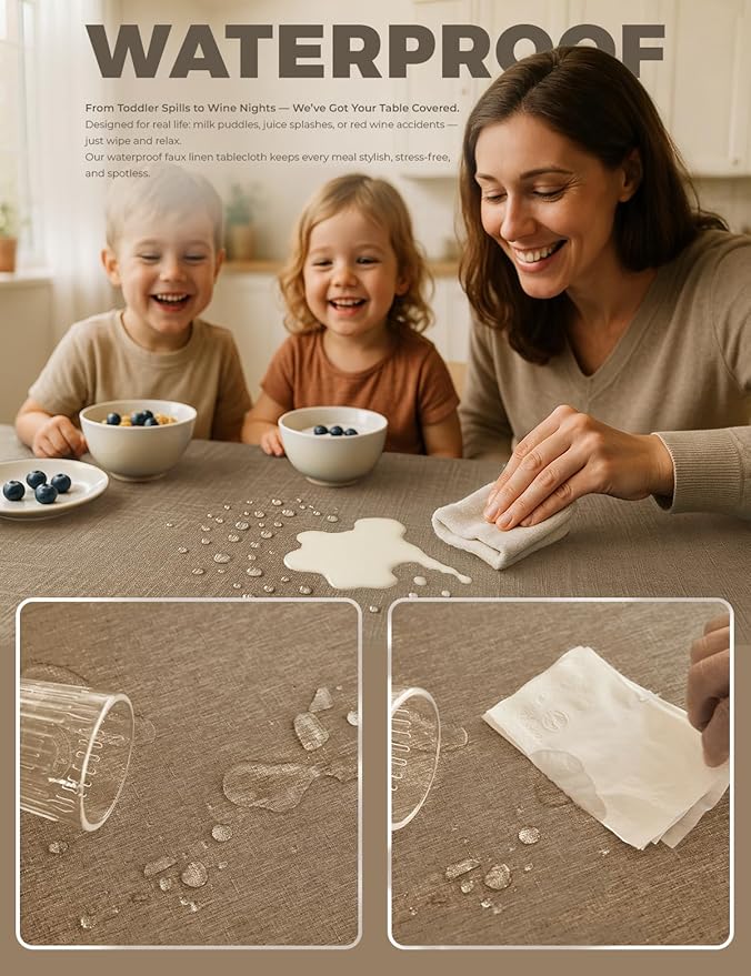 Faux Linen Farmhouse Table Cloth 52"x70" for Rectangle Dining Table, Coffee Waterproof Outdoor Washable Cloth Fall Tablecloth for Rectangular Kitchen Outdoor Party Restaurant Patio Table