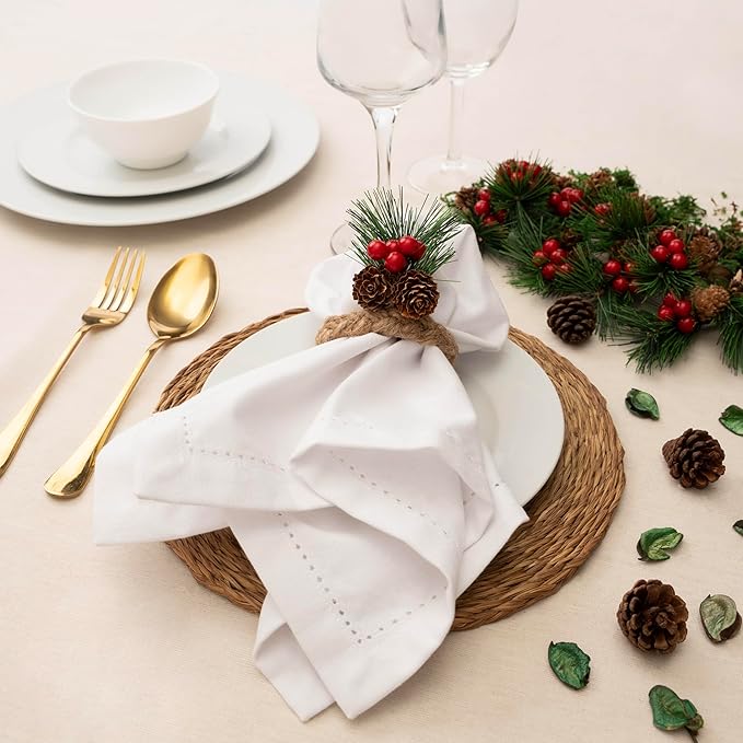Blue Needles Set of 6 Hemstitch Linen Napkins 100% Cotton White Cloth Dinner Napkins 18x18 inches, Soft, Reusable, Absorbent, Washable, Ideal for Valentine's Day Events, Parties & Everyday Use