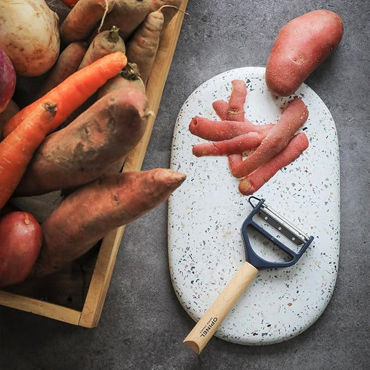 Opinel - T-DUO Peeler - Beech Wood Handle - Double Stainless Steel Blade - Vegetable Peeler, Preparation of Juliennes - Ideal for Right and Left Handed People - Blue