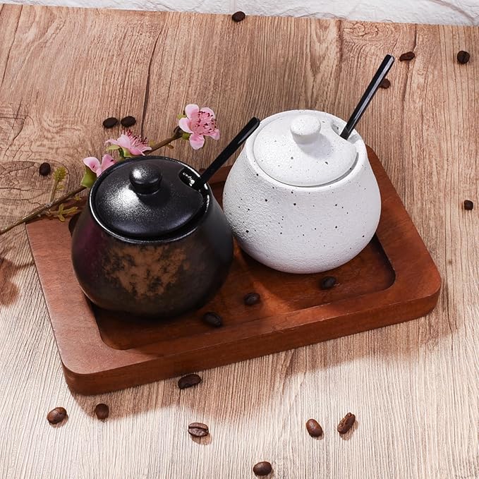 Sugar Bowl with Lid and Spoons Porcelain Salt Containers Spice Bowls for Spice Seasoning (White)