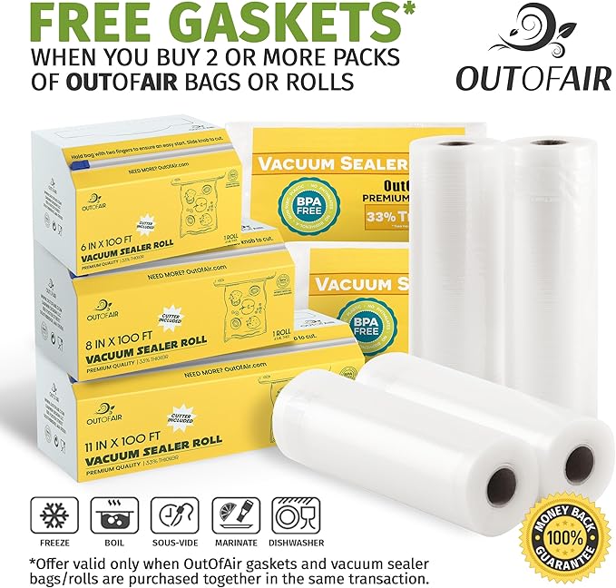 8" & 11" 25ft Vacuum Sealer Rolls (Fit Inside) 4 Rolls (2 of Each, 100ft total) OutOfAir Vacuum Sealer Bags Works With FoodSaver & Other Machines - 33% Thicker BPA Free, Commercial Grade