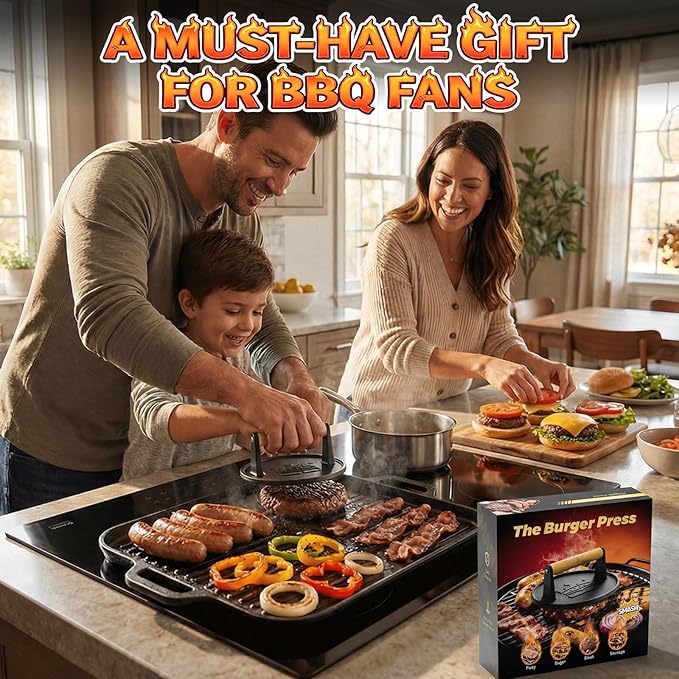 Smash Burger Press 6.5”, Flat Round Edge Cast Iron Grill/Bacon/Meat/Hamburger/Chef Press with Wood Handle, 1.74lb Burger Press Patty Maker for Griddles & Pans, Nonstick Hamburger Smasher Tool for BBQ