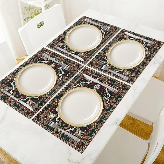 Boho Tribal Ethnic Placemats Set of 4 Rustic Farmhouse Retro Red Floral Art Printed Dining Table Mats for Restaurant Home Kitchen Holiday Picnic Party Decor 12x18in