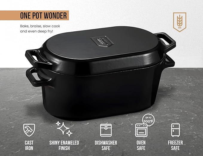 KooK Dutch Oven, For Sourdough Baking, Dual Handles, Enameled Cast Iron, includes Silicone Mat and Sourdough Guide, Dishwasher Safe, 5 Qt, (Black)