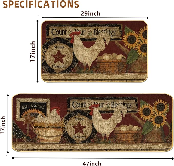 Farmhouse Decorative Kitchen Rugs and Mats Set of 2, Farm Rooster Non-Slip Kitchen Mats,Seasonal Holiday Party Sets Washable Low-Profile Floor Mats - 17x29 and 17x47 Inch