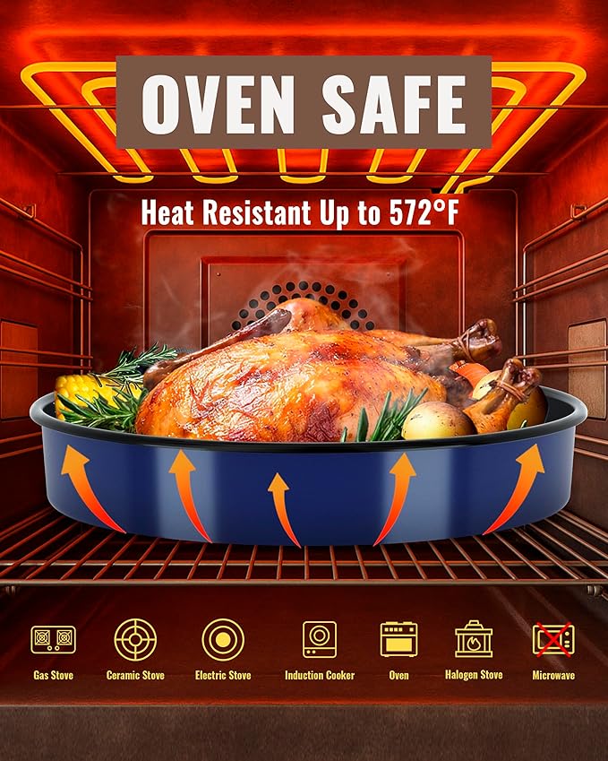 MCCSI Baking Pans Set Round Roasting Dish 4-Pack 9/10/12/14 Inch Enamel Non Stick Large Bakeware for Cake Bread Pie Pizza Ham Turkey, Non-Toxic Oven Dishwasher Safe Mother's Christmas Gift Cookware