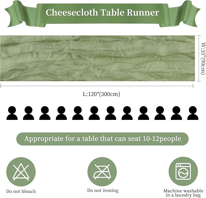 6 Pack Sage Green Valentine's Day Cheesecloth Table Runner 10FT Long Boho Gauze Table Runner Rustic Sheer Runner for Spring Wedding Bridal Baby Shower Birthday Party Table Decor Easter Decorations
