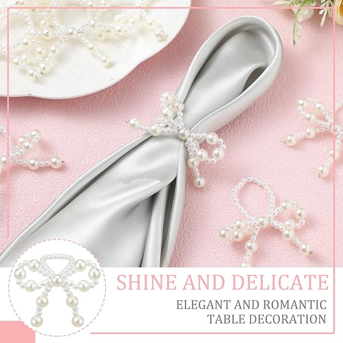 12 Pcs Pearl Bow Napkin Rings Imitation Bow Pearl Ring Napkin Holder Delicate Beaded Serviette Buckles for Christmas Wedding Party Dinner Table Decor and Daily Use