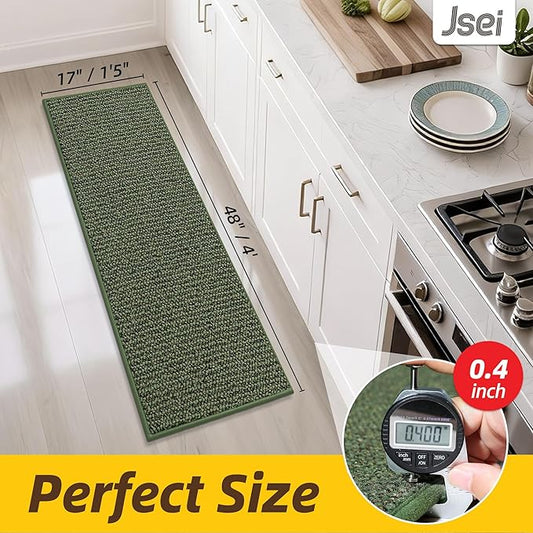 JSEI Kitchen Runner Rugs, 17''x48'' Non-Slip Kitchen Mats for Floor, Machine Washable Absorbent and Stain Resistant Kitchen Rug, Carpet Mats with TPR Backing for Kitchen, Green