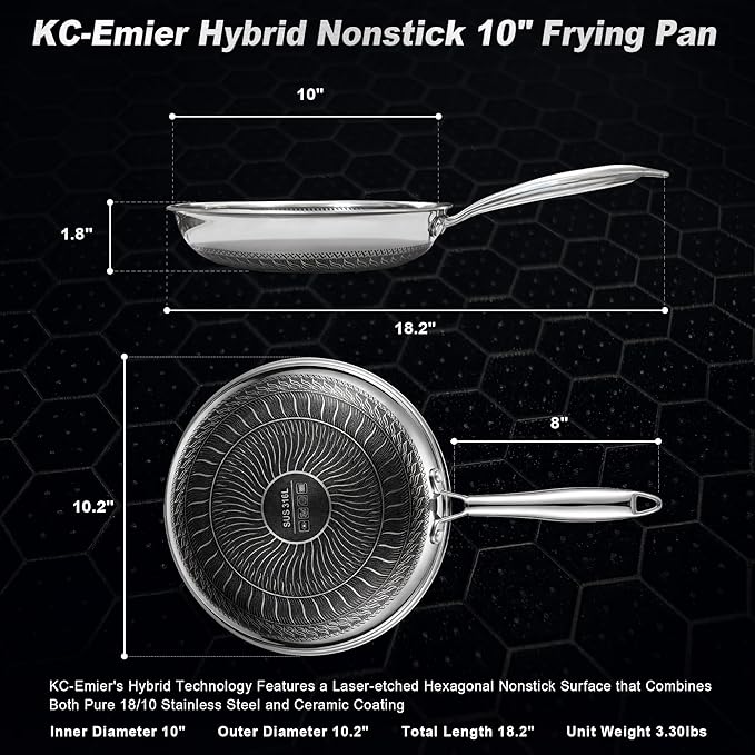 KC-Emier 10 Inch Non-Stick Frying Pan Tri-Ply Stainless Steel Pan with Stay-Cool Handle Oven & Dishwasher Safe For Induction, Ceramic & Gas Stovetops