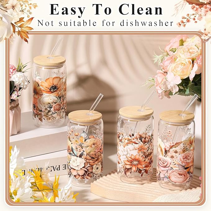 Mumufy Gift for Women Cute Glass Cup Tumbler Flower Iced Coffee Mugs 16 oz Glass with Bamboo Lid & Straw, Mothers Day Birthday Gift for Mom Sister Bridesmaid Baby Shower(4 Pack, Brown Flower)