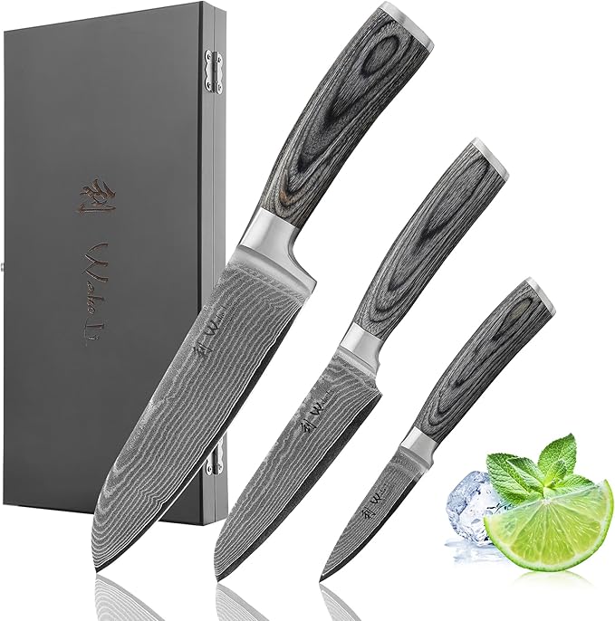 Wakoli EDIS 3-Piece Damascus Knife Set – Professional Kitchen Knives with VG10 Core Blades, 67-Layer Damascus Steel and Ergonomic Pakkawood Handles – Premium Chef Knife Set in Wooden Gift Box