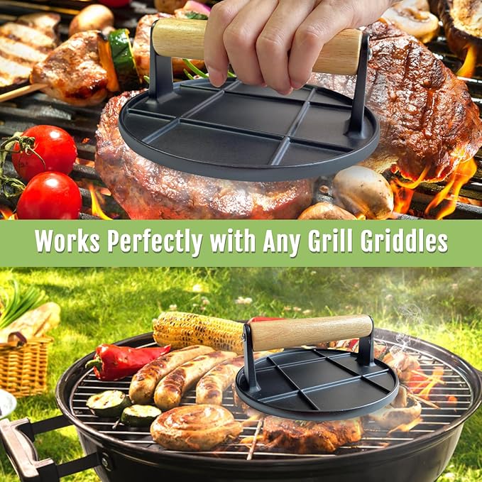 Burger Press,Smash Burger Press for Griddle with Wood Handle,Burger Smasher for Grill, Steak Bacon Smasher for Camping (Round)