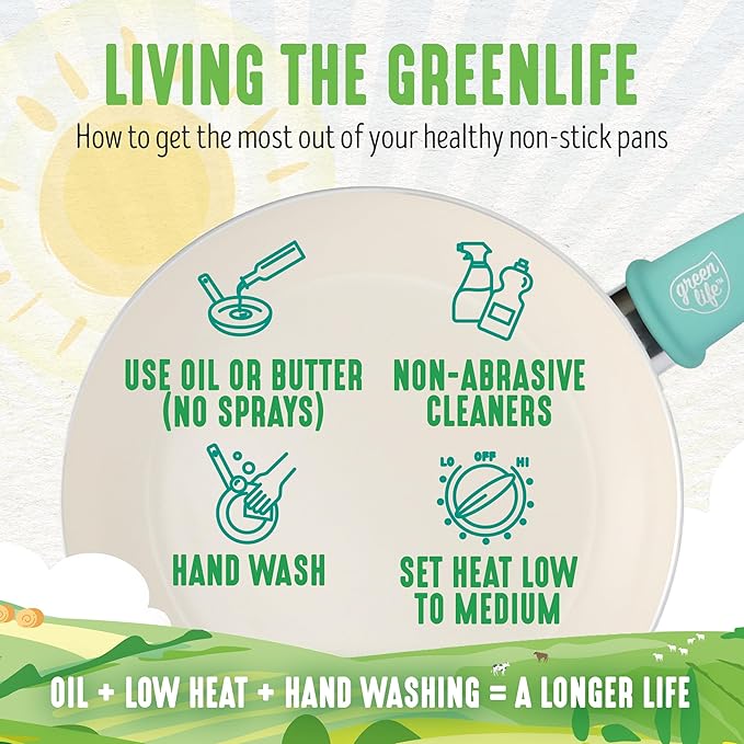 GreenLife Soft Grip Healthy Ceramic Nonstick 7" and 10" Frying Pan Set, Non Toxic PFAS & PFOA-Free, Dishwasher Safe, Egg Omelet Skillet, Cookware for Easy Cooking, Kitchen Essentials, Turquoise