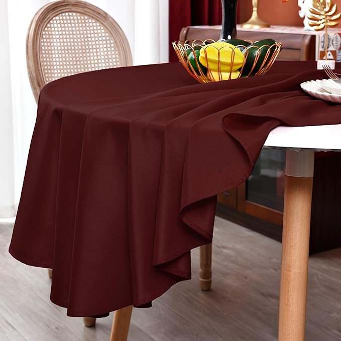 MEANMOY Burgundy 210 GSM Water & Stain Resistant Round Tablecloth for Circle Table - Solid 60 Inch Dark Red Table Cloth Cover in Wrinkle Free Durable Washable Polyester Fabric for Party, Banquet