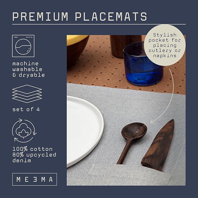 MEEMA Cloth Placemats with Pockets Set of 4 | 14 x 20 in | Recycled Denim and Cotton Farmhouse Placemats - Blue with Pocket | Washable Placemats for Dining Table, Tablemats for Special Ocassions