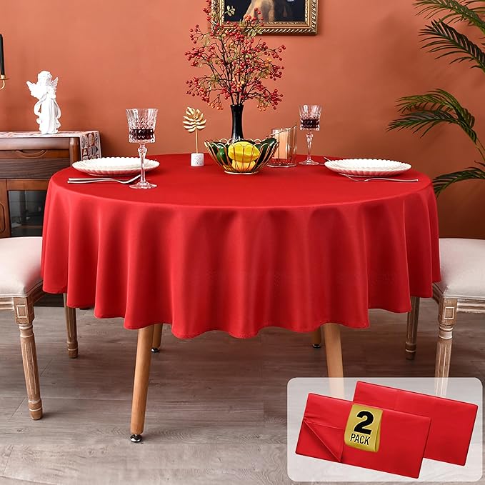 MEANMOY 2 Pack Red 210 GSM Water & Stain Resistant Round Tablecloth - Solid 60 Inch Circle Table Cloth Cover in Wrinkle Free Washable Wipe Clean Polyester for Wedding, Party, Banquet (2 Pcs)