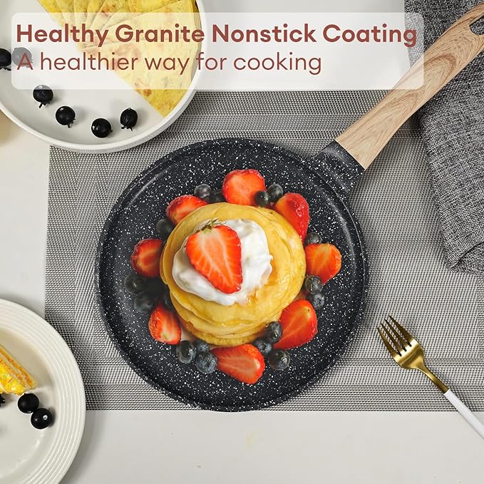 JEETEE Crepe Pan Nonstick, 11 Inch Comales Para Tortillas Griddle Pan for Stove Top, Granite Coating Flat Pancake Pan Dosa Tawa, PFOA FREE and Induction Compatible (Grey)