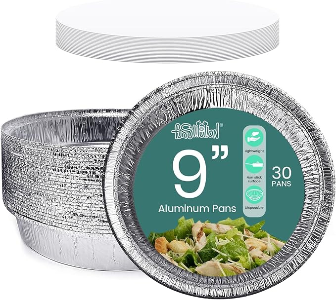 FUNSTITUTION Round Aluminum Pans with Lids (30 Pack) - 9 Inch Disposable Pie Pans - Round Aluminum Foil Pans For Baking, Grilling, Cooking, Storing, Prepping - Pie Tins with Lids