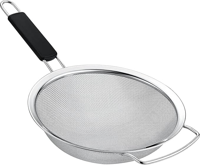 8" Large Fine Mesh Strainer with thermo plastic rubber handle - Sieve Fine Mesh Stainless Steel - Ideal to Strain Pasta, Quinoa and Rice.