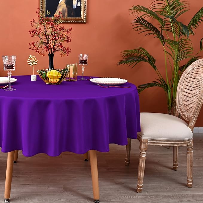 MEANMOY Purple 210 GSM Water & Stain Resistant Round Tablecloth for Circle Table - Solid 108 Inch Table Cloth Cover in Wrinkle Free Durable Washable Polyester Fabric for Wedding, Party, Banquet