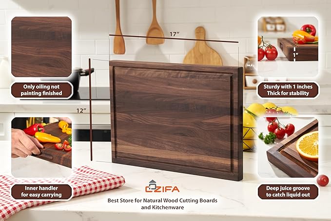 Cozifa American Dark Walnut Wood Cutting Board 17x12 x1in for Kitchen with Juice Groove, Inner Handles, Gift Box, Thick Wooden Cutting Board Finished with Linseed Oil, Beeswax, Carnauba Wax, Lemon Oil