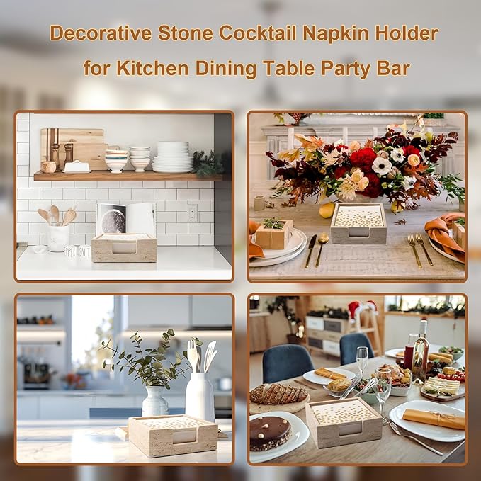 Luncheon Napkin Holder,Travertine Stone Napkin Holders Fit for 6.5”x6.5” Luncheon-Sized Napkins,Stone Napkin Holder for Table Kitchen Counter Dining Room Party Bar Decor,Beige