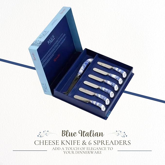 Spode Blue Italian Cheese Knife and 6 Spreaders, Stainless Steel with Porcelain Handle, 4.75 Inches, Jam Spreader, Butter, and Pastry Knife