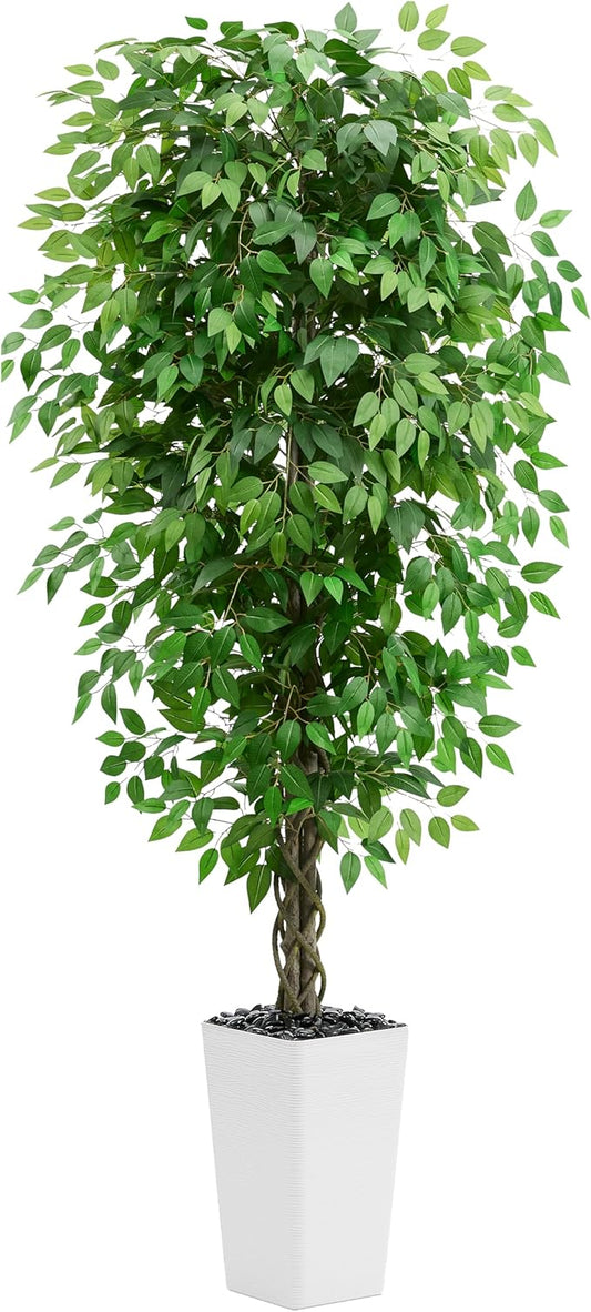 Artificial Ficus Tree 6FT Faux Plants Indoor Tall Fake Plants with White Planter, Green Lifelike Lush Fake Ficus Tree for Home Living Room Bedroom Outdoor Balcony House Office Decor