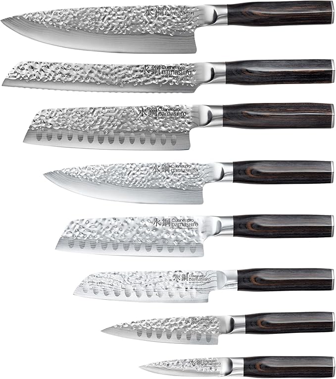 Cuisine::pro Damashiro Emperor Knife Block (Hisa, 9 Piece Set) Premium Japanese Steel Chef Knife Set with Tempered Glass Display, Hammered Tsuchime Blade, Damascus-Inspired Pattern