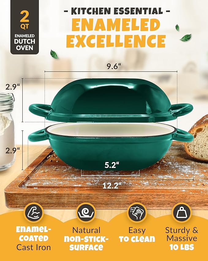 CRUSTLOVE Loaf Pan for Bread Baking - incl. Sourdough Bread-Baking Supplies like Banneton Bread-Proofing Basket - 2QT Enameled Oval Cast Iron Dutch Oven, Bread-Oven, Sour Dough Bread-Banking-Pan Tools