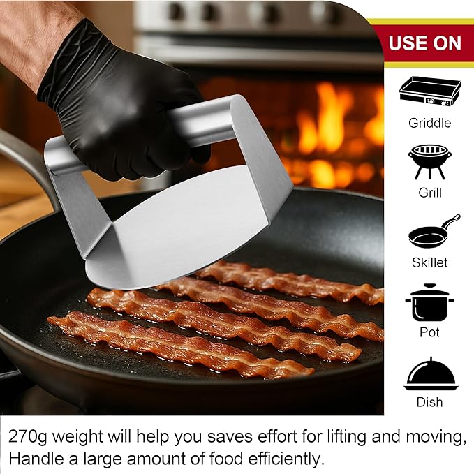 Joyfair Smash Burger Press for Griddle (5.5 Inch), Stainless Steel Hamburger Smasher, Flattop Grill Presses Accessories Tool for Bacon, Patty, Meat, Steak, Sandwich, Heavy Duty & Dishwasher Safe