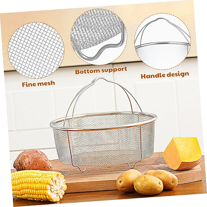 Hemoton Stainless Steel Colander with Handle, 8.26 X 7.08 X 3.58 Inch Vegetable Strainer Basket for Washing Fruits, Rinsing Rice, and Draining Pasta, Kitchen Food Strainer for Home Use
