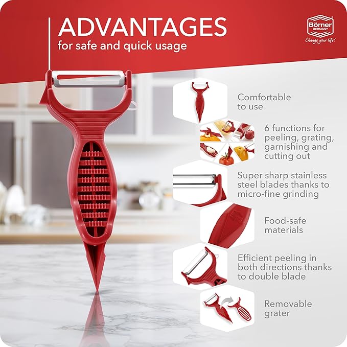 Börner by Reston Lloyd Vegetable Peeler, Garnish Knife, Nutmeg/Garlic Grater, Made in Germany, Red