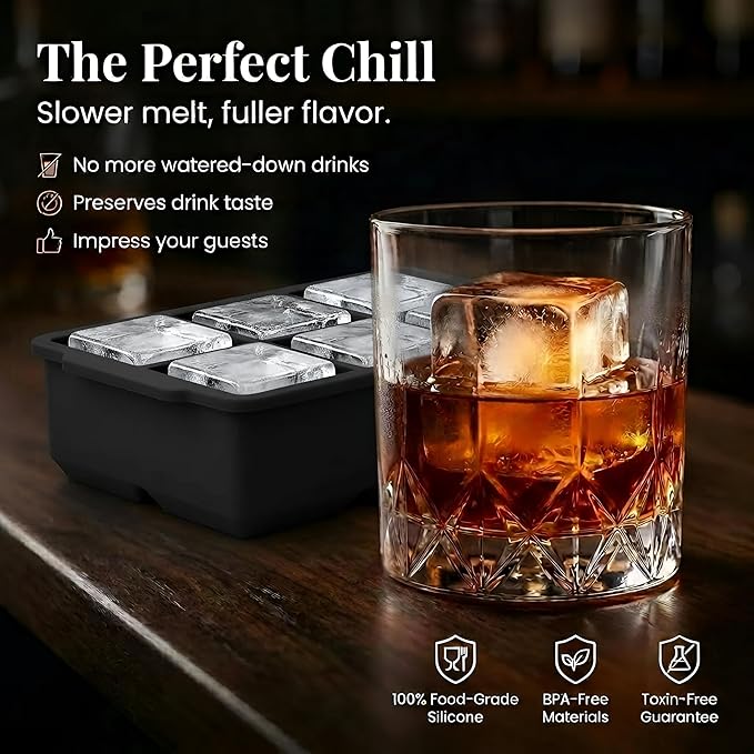 KitchFort Large Silicone Ice Cube Tray (3-Pack), Easy Release 2" Big Ice Cubes - Cocktail, Whiskey Ice Cubes Mold - Ice Trays for Freezer with Lid - Stackable Silicone Ice Tray - Black
