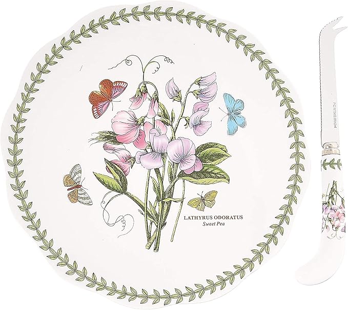 Portmeirion Botanic Garden 9-Inch Cheese Plate & 8-Inch Pronged Knife, Sweet Pea Motif - Durable Porcelain Tableware & Stainless Steel Flatware, Dishwasher Safe - Farmhouse Dinnerware Made in England