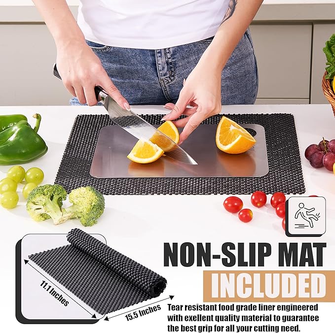100% The Premium SUS 316 L Stainless Steel Cutting Board Set, 2 PCS + Non-Slip Mat, Double Sided Food Grade SUS 316L Cutting Boards for chopping Meat.., Hygiene Durable Dishwasher Safe Chopping Board