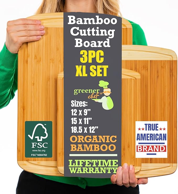 Organic Bamboo Cutting Boards for Kitchen Set of 3 with Lifetime Replacements – Premium Extra Large Wood Chopping Boards with Juice Grooves for Carving & Serving, Non-Toxic & Durable by Greener Chef