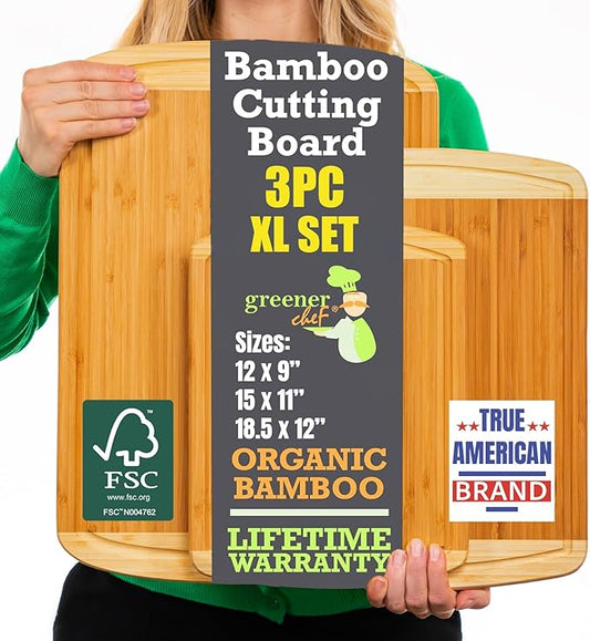 Organic Bamboo Cutting Boards for Kitchen Set of 3 with Lifetime Replacements – Premium Extra Large Wood Chopping Boards with Juice Grooves for Carving & Serving, Non-Toxic & Durable by Greener Chef