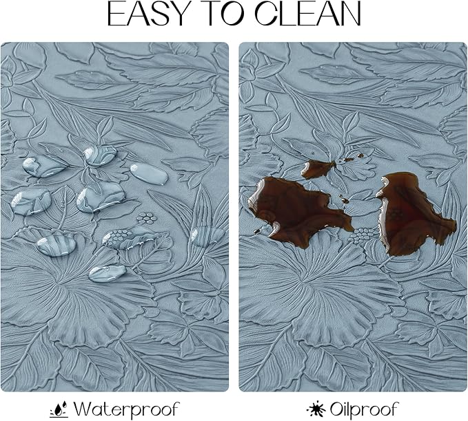 Romanstile Vinyl Placemats Set of 4-12 X 17 Inch - Heat Resistant Non-Slip Embossed Floral Place Mats 100% Waterproof Oilproof Wipeable Faux Leather Table Mats for Kitchen/Dining/Party, SkyBlue