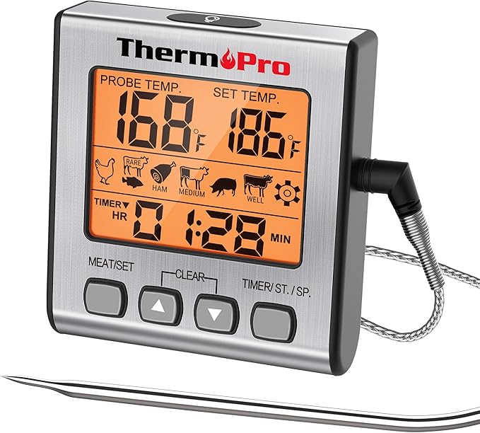 ThermoPro Digital Meat Thermometer for Cooking and Grilling, BBQ Food Thermometer with Backlight and Kitchen Timer, Grill Temperature Probe Thermometer for Smoker, Barbecue, Oven, Baking,Oil