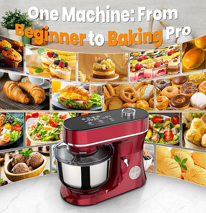 Bonnor Stand Mixer 6QT Kitchen Mixer with LED Smart Touchscreen, 11-Speed Tilt-Head Mixer with Timer, 4 Preset Menus, Stainless Steel Bowl, Dough Hook, Whisk, Beater,Red