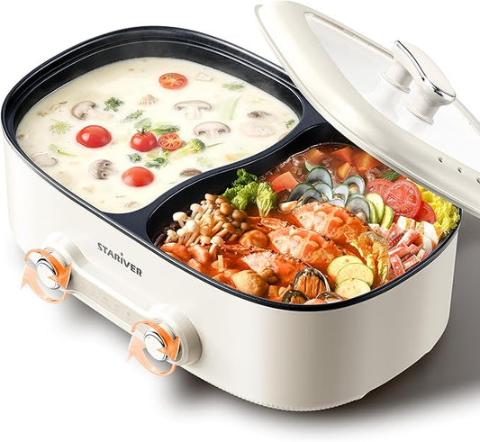 Stariver 7L Electric Hot Pot with Divider, 1200W Electric Pot, 2-Temp Control (Separate Settings per Side) Shabu Shabu Pot, Non-Stick Hotpot Pot Electric, Perfect for Family Dinners & Parties