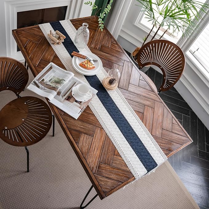 Alynsehom Macrame Table Runner Cream Beige and Blue Boho Table Runners with Tassels Hand Woven Cotton Table Runner Rustic Farmhouse Table Runners for Bohemian Kitchen Dining Table(12x95in)