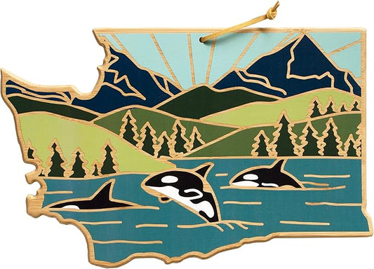 Totally Bamboo Washington State Shaped Cutting Board and Charcuterie Serving Platter with Artwork by Summer Stokes, Includes Hang Tie for Wall Display Varies
