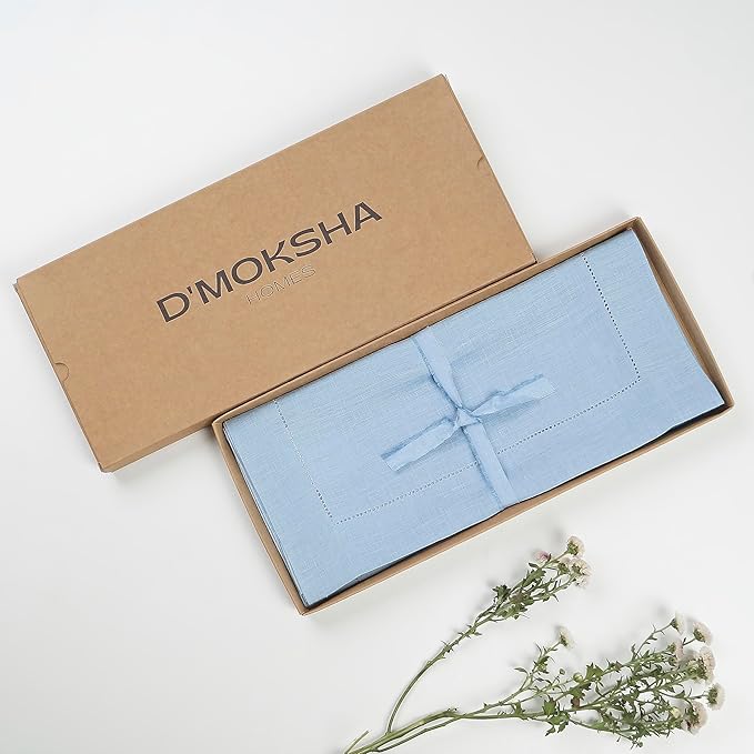 D'Moksha Homes Linen Powder Blue Table Runner 60 Inches - Classic Hemstitch, 100% Pure Linen Coffee Table Runner 14 x 60 Inch Ideal for Dresser Tables - Spring, Easter