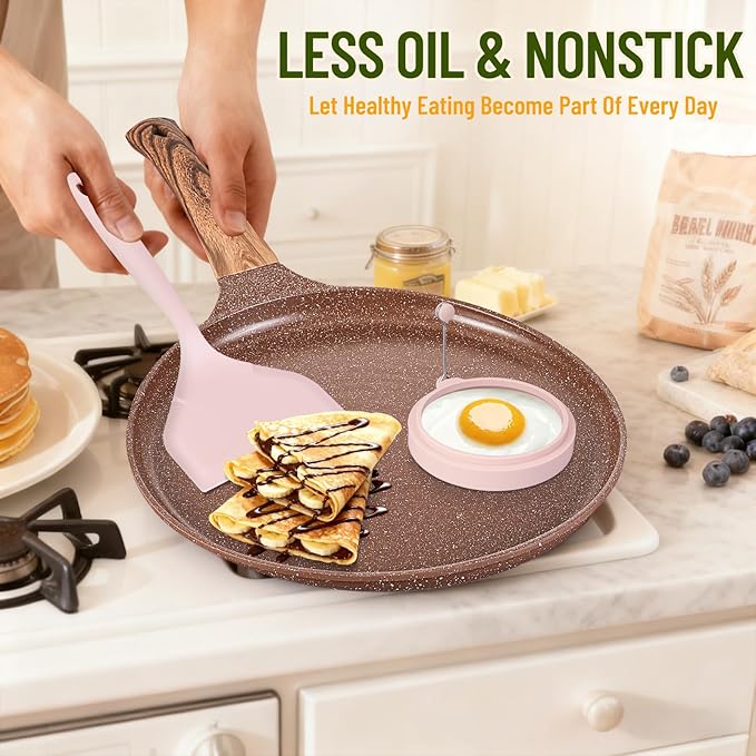 AOSION Crepe Pan Nonstick 11 Inch,Dosa Tawa Creamic,Tortilla pan For Pancake Steak Crepe Salmon,Flat Pan With Ergonmic Handle For All Stoves Top,Brown